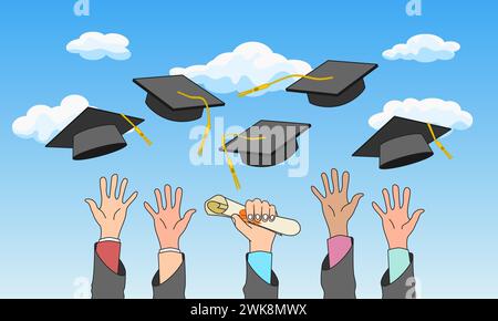 Mains d'étudiants jetant des chapeaux de graduation dans l'air avec le ciel bleu et les nuages en arrière-plan. Illustration vectorielle. Illustration de Vecteur