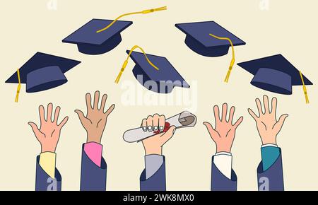 Mains d'étudiants jetant des chapeaux de remise des diplômes en l'air. Illustration vectorielle. Illustration de Vecteur
