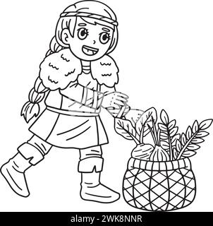 Viking avec panier de Harvest Isolated Coloring Illustration de Vecteur