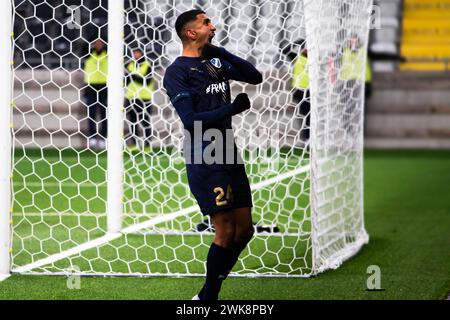 Gothenburg, Suède. 18 février 2024. Amir Al-Ammari (24 ans) de Halmstad BK marque pour 3-2 lors du match de la Svenska Cup entre Halmstads BK et Helsingborg au Bravida Arena de Gothenburg. (Crédit photo : Gonzales photo - Amanda Persson). Banque D'Images