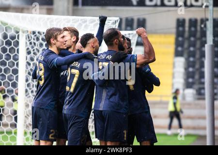 Gothenburg, Suède. 18 février 2024. Amir Al-Ammari (24 ans) de Halmstad BK marque pour 3-2 lors du match de la Svenska Cup entre Halmstads BK et Helsingborg au Bravida Arena de Gothenburg. (Crédit photo : Gonzales photo - Amanda Persson). Banque D'Images