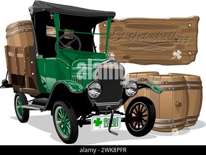 Camion de bande dessinée vintage Vector avec des barils de bière pour la conception de célébration irlandaise Happy Saint Patricks Day. Lettrage festival de bière sur planche de bois. EPS-10 se Illustration de Vecteur