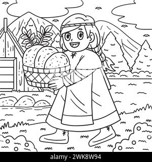 Viking enfant avec panier de pain coloriage page Illustration de Vecteur