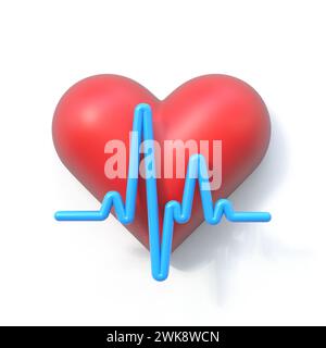 Ligne bleue de cardiogramme et illustration de rendu 3D du cœur isolée sur fond blanc Banque D'Images