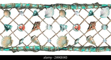 Les coquillages sont accrochés à un filet de pêche fait de cordes tendues entre des bâtons de bois. Illustration d'aquarelle dessinée à la main. Mer sans couture, plage, été Banque D'Images