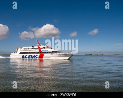 Catamaran de bateau de ferry d'Emden près de la côte de Borkum à Fischerbalje, mer des Wadden, Frise orientale, basse-Saxe, Allemagne Banque D'Images