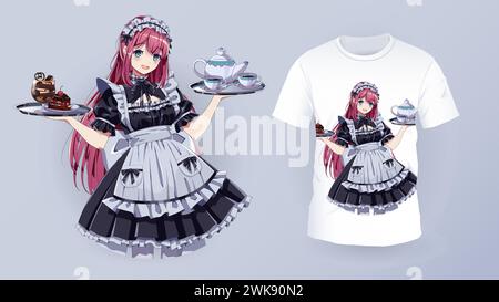 Jolie fille de café de femme de ménage et modèle vectoriel d'impression de t-shirt. Kawaii anime femme tenant des desserts et le caractère de café pour la décoration des vêtements. Art japonais Illustration de Vecteur