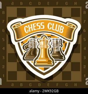 Logo vectoriel pour Chess Club, autocollant blanc avec illustration jaune et marron des pièces d'échecs et ruban décoratif avec texte Chess Club sur le b à carreaux Illustration de Vecteur