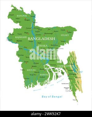 Carte physique très détaillée du Bangladesh, en format vectoriel, avec toutes les formes de relief, les régions et les grandes villes. Illustration de Vecteur