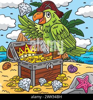 Perroquet pirate perché sur la poitrine coloré Cartoon Illustration de Vecteur