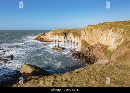 Rochers colorés dans les falaises sur le sentier de la côte à Porth Saint entre Roscolyn et Trearddur Bay, île d'Anglesey, pays de Galles, Royaume-Uni, Grande-Bretagne, Banque D'Images