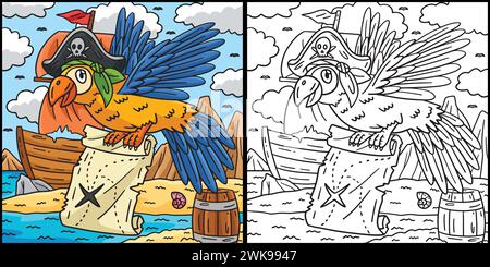 Perroquet pirate avec une illustration de coloriage de carte Illustration de Vecteur