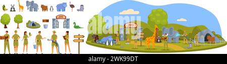 Les icônes de zookeeper définissent le vecteur de dessin animé. Animal du parc zoologique. Alimentation estivale des animaux sauvages Illustration de Vecteur
