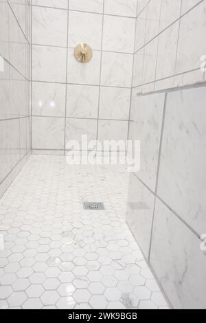 Carrelage marbré blanc et gris grande douche à domicile vide récemment rénovée dans une salle de bains principale Banque D'Images