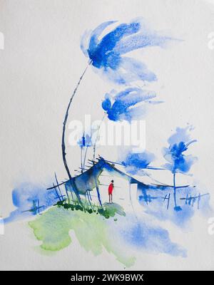 Image aquarelle d'un strom dans un village indien. Vent tendu sur les cocotiers et un homme devant sa maison, représentant la mousson indienne. Peint à la main Banque D'Images