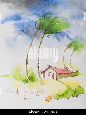 Image aquarelle d'un strom dans un village indien. Vent tendu sur les cocotiers et un homme devant sa maison, représentant la mousson indienne. Peint à la main Banque D'Images