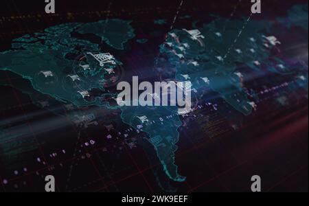 Les symboles de vente au détail en ligne et de vente sur Internet du panier d'achat sur la carte du monde. Illustration du concept technologique. Banque D'Images