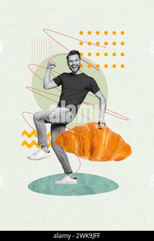 Poster vertical de collage photo créatif Stepping jeune homme tenant un énorme sac de croissant valise Happy joyeuse humeur Hunger délicieux snack Banque D'Images