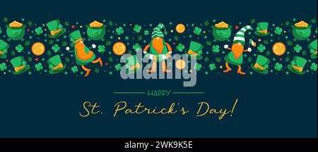 Bannière horizontale de tous Symboles Patricks Day. leprechauns. Personnages de dessins animés en chapeau haut de gamme, avec guirlande, drapeau irlandais. Chaudron doré, vintage. Four-le Illustration de Vecteur