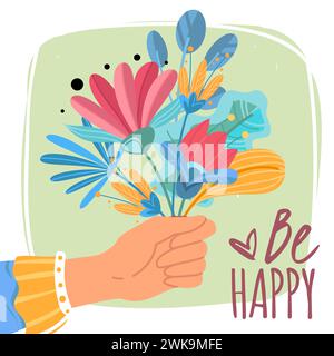 Bouquet Saint-Valentin. Conception de cartes postales et de voeux. Soyez heureux texte dessiné à la main. Carte d'anniversaire. Tenez à la main de jolies feuilles et fleurs. Félicitations Illustration de Vecteur