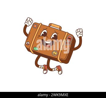 Dessin animé rétro valise de voyage groovy personnage. Saut de personnage de bagage vectoriel isolé et réjouissez-vous. Bagage vintage, orné d'autocollants vacances et vacances, et sourire accueillant, prêt pour le voyage Illustration de Vecteur