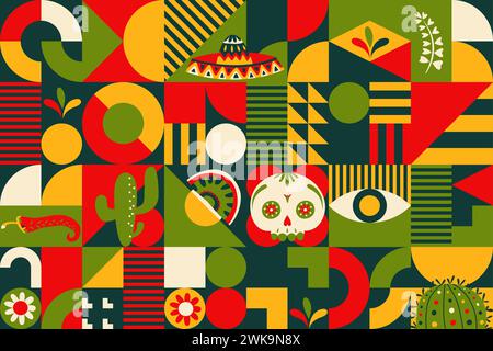 Affiche abstraite mexicaine avec des formes géométriques, modèle de collage créatif. Fond vectoriel avec mosaïque de crâne, chapeau sombrero, cactus et poivrons jalapeno dans des couleurs vert vif, jaune, blanc ou rouge Illustration de Vecteur