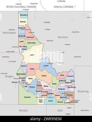 Carte politique montrant les comtés qui composent l'État de l'Idaho, situé aux États-Unis. Banque D'Images