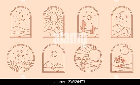 Désert boho et cactus, oasis bohème vintage avec paysage de montagne et de ciel, cadres de fenêtre vectoriels. Arcs boho avec le soleil de ligne mince, la lune et la palme, nuit d'été et nuages avec des étoiles dans le contour du ciel Illustration de Vecteur
