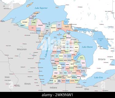 Carte montrant les différents comtés qui composent l'État du Michigan, situé aux États-Unis Banque D'Images