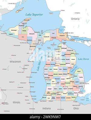 Carte montrant les différents comtés qui composent l'État du Michigan, situé aux États-Unis Banque D'Images