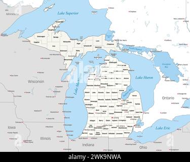 Carte montrant les différents comtés qui composent l'État du Michigan, situé aux États-Unis Banque D'Images