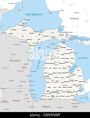 Carte montrant les différents comtés qui composent l'État du Michigan, situé aux États-Unis Banque D'Images