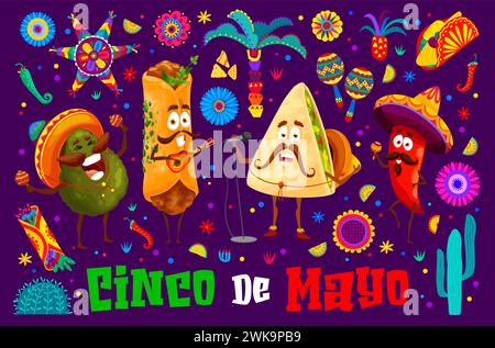 Cinco de Mayo bannière de vacances mexicaine avec des personnages de dessins animés de la nourriture tex mex. Joyeux burrito, avocat, Chili et quesadilla personnages vectoriels sur Mexico fiesta party avec sombrero, guitare et maracas Illustration de Vecteur