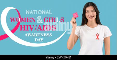 Bannière de sensibilisation pour la Journée nationale de sensibilisation des femmes et des filles au VIH/sida avec une femme détenant un préservatif Banque D'Images
