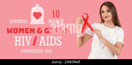 Bannière de sensibilisation pour la Journée nationale de sensibilisation des femmes et des filles au VIH/sida avec une femme tenant le ruban rouge Banque D'Images