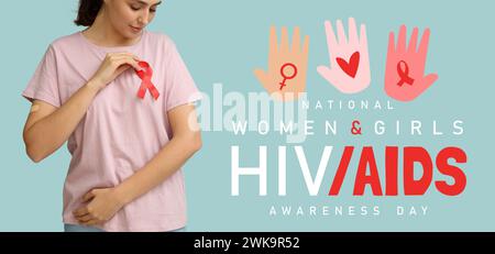 Bannière de sensibilisation pour la Journée nationale de sensibilisation des femmes et des filles au VIH/sida avec une femme avec ruban rouge Banque D'Images