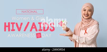 Bannière de sensibilisation pour la Journée nationale de sensibilisation des femmes et des filles au VIH/sida avec une femme musulmane détenant des préservatifs Banque D'Images