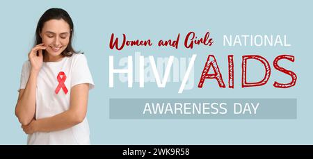 Bannière de sensibilisation pour la Journée nationale de sensibilisation des femmes et des filles au VIH/sida avec une femme avec ruban rouge Banque D'Images