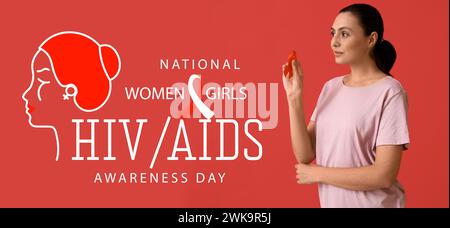 Bannière de sensibilisation pour la Journée nationale de sensibilisation des femmes et des filles au VIH/sida avec une femme tenant le ruban rouge Banque D'Images