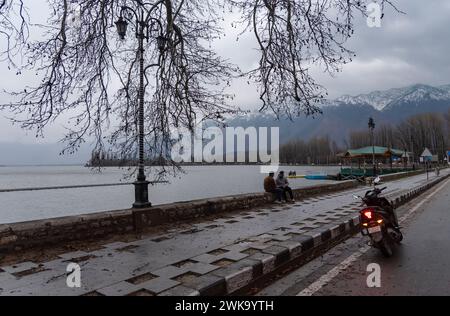 Srinagar, Inde. 19 février 2024. Les résidents sont assis sur la rive du lac Dal pendant les rafales de vent. Des rafales de vent ont endommagé plusieurs structures résidentielles à Srinagar. Dans un climat défavorable avec pluie et neige, les autorités ont émis un avertissement d'avalanche dans les parties supérieures du Jammu-et-Cachemire pour les 24 heures suivantes. (Photo par Idrees Abbas/SOPA images/SIPA USA) crédit : SIPA USA/Alamy Live News Banque D'Images