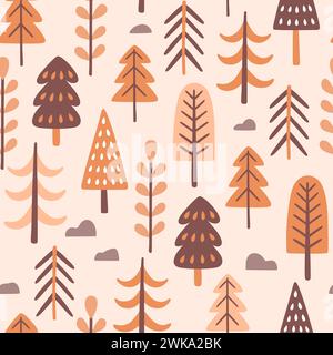 Motif forêt dans un style scandinave avec des tons chauds. Arbres mignons isolés sur fond de couleur pêche clair. Motif sans couture. Illustration vectorielle. Illustration de Vecteur