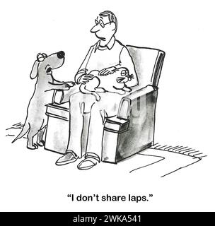 Dessin animé BW d'un chat reposant sur les genoux du propriétaire masculin. Le chien veut, mais il ne « partage pas les tours ». Banque D'Images