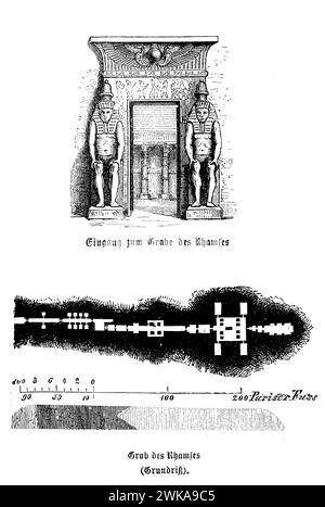 L'entrée de la tombe de Ramsès et son plan d'étage mettraient en valeur les prouesses architecturales et techniques de l'Égypte ancienne. Ces tombes, en particulier celles de la Vallée des Rois, où de nombreux Ramsès sont enterrés, sont des structures élaborées sculptées dans la roche, avec des dispositions complexes comprenant de multiples chambres, couloirs et éléments décoratifs. Banque D'Images