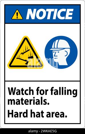 Panneau d'avertissement, attention aux chutes de matériaux, zone des casques de sécurité Illustration de Vecteur