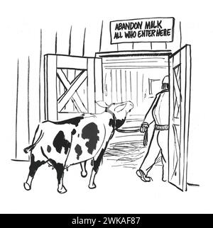 BW dessin animé d'un agriculteur menant la vache laitière à la grange de traite. Le panneau indique que la vache est sur le point de perdre son lait. Banque D'Images