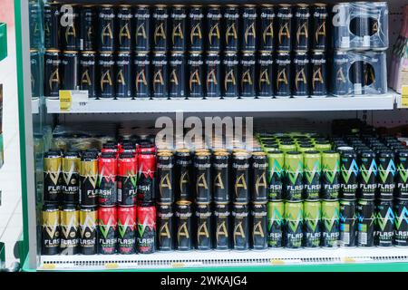 Tyumen, Russie-11 janvier 2024 : une gamme vibrante de canettes de boissons énergétiques est méticuleusement organisée, rayonnant une montée d'adrénaline Banque D'Images