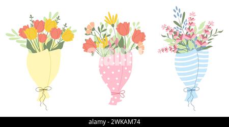 Set bouquets de fleurs élégants dessinés à la main. Tulipes, lavande, feuilles de conception vectorielle. Illustration de Vecteur