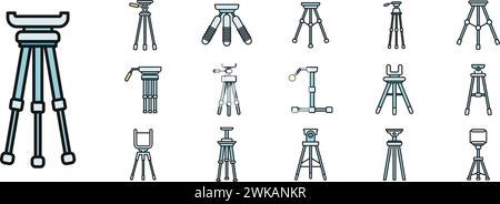 Icônes de prise en charge du trépied définies. Ensemble de contours d'icônes vectorielles de support de trépied couleur de ligne mince plat sur blanc Illustration de Vecteur
