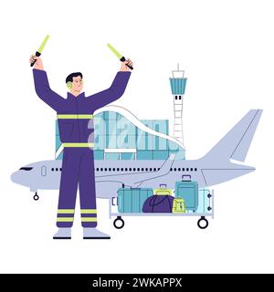 Les gens dans l'aéroport. Personnel au sol de l'aéroport. Un marshaller de l'aéroport dirigeant un avion sur le tarmac, avec des bagages prêts pour le chargement. Opérations aéroportuaires et personnel. Illustration vectorielle plate Illustration de Vecteur