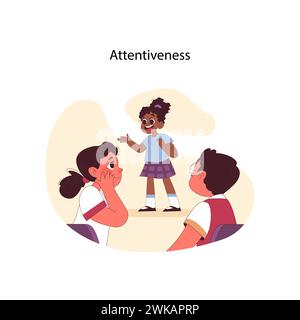 Concept d'attention. Énergique fille noire partage l'histoire, captivant l'intérêt des pairs. Montrer de la considération. Écoute active, interaction en classe. Narration engageante. Illustration vectorielle plate Illustration de Vecteur